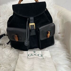 Gucci Black Suede Backpack with Bamboo Details